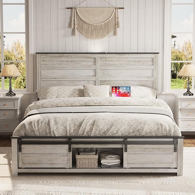 Wooden Bed Frame Queen Size with Headboard & Sliding Barn Door Storage Footboard, Farmhouse Platform Bedframe with Charging Station, No Box Spring Needed (Boho White, Queen)