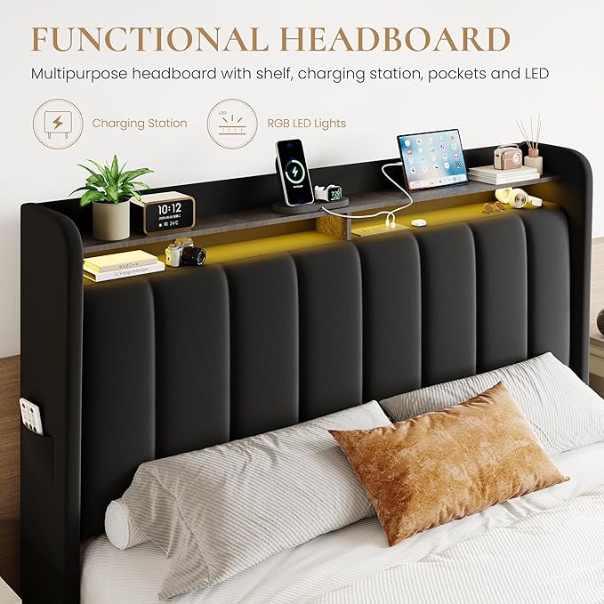 SHA CERLIN Velvet Full Size Bed Frame with Vertical Channel Tufted Wingback Headboard & 2 Storage Drawers/2-Tier Shelves with LED Lights & Charging Station/Noise-Free/No Box Spring Needed/Black