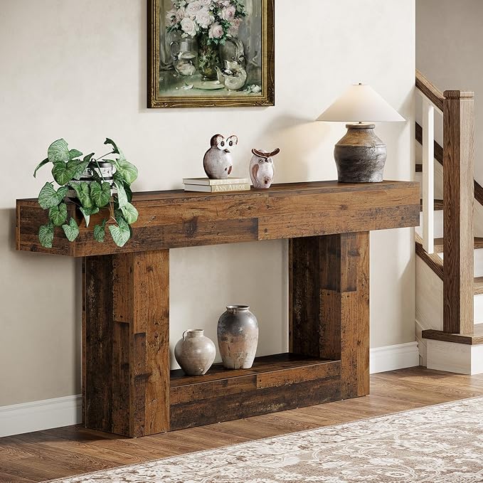 Tribesigns 63" Console Table, Farmhouse 2-Tier Entryway Table with U-Shaped Base, Narrow Long Wood Sofa Table Behind Couch Table for Living Room, Hallway, Foyer, Mix Brown