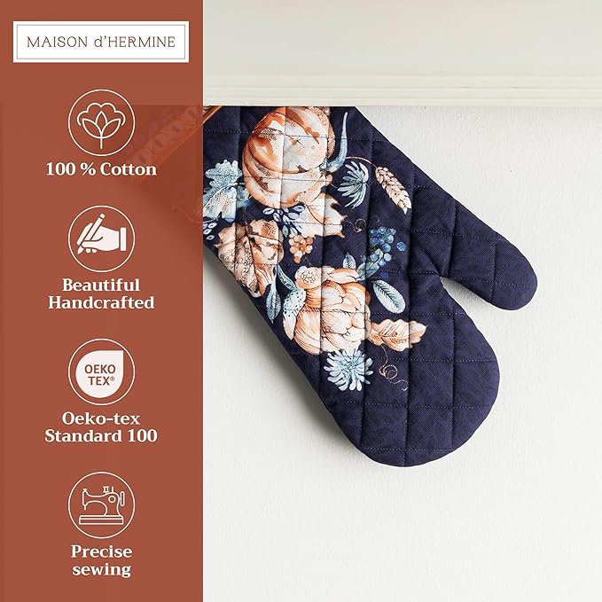 Maison d' Hermine Oven Gloves 100% Cotton Oven Mitt 7" x 13" with Loop Heat Resistant BBQ Cooking Gloves for Thanksgiving Christmas Decorations Baking Handling Hot Pans (Pack of 1, Pumpkin Blues)