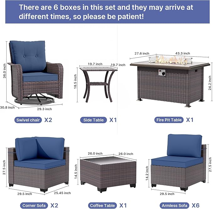 Gotland 13 Pieces Patio Furniture Set with Fire Pit Table Swivel Chairs, PE Rattan Outdoor Furniture Set with 29.5'' High Backrest 4’’ Thick Cushions Coffee Table, Patio Set for Porch, Deck, Navy