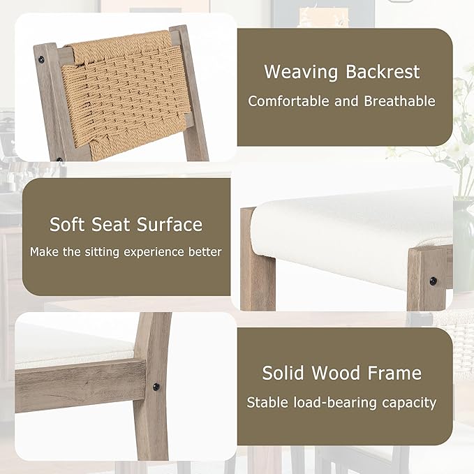 Chogori Wooden Dining Chairs, Modern Farmhouse Kitchen & Dining Room Accent Side Chairs with Woven Rope Back and Fabric Upholstered for Home, Living Room (Gray, Set of 4)