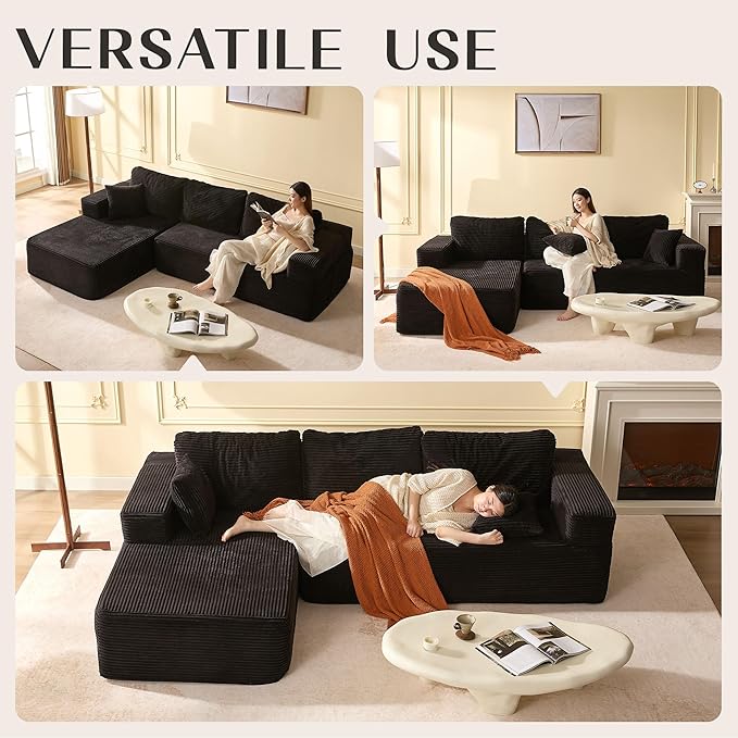 107" Boneless Couch with Deep Seat, Modular Sectional Sofa, Cloud Sectional Couch for Living Room, No Assembly Required, Corduroy, L-Shape Left?Black