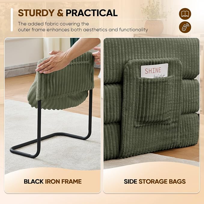 Antetek Convertible Sofa Bed, Comfy Corduroy Fluffy Love seat Sleeper Sofa, 5 in 1 Folding Couch Bed, Fold Out Floor Couch with Pillows for Bedroom, Living Room, Office, Wide Stripes, Green