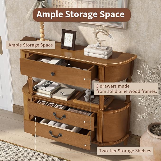 HMFULE Retro Curved Console Table, 43" Solid Wood Half Moon Console Table Entryway Table Sofa Table with Open Shelf Curved Corners 3 Drawers Pine Roman Legs for Living Room,Hallway,Entryway,Brown