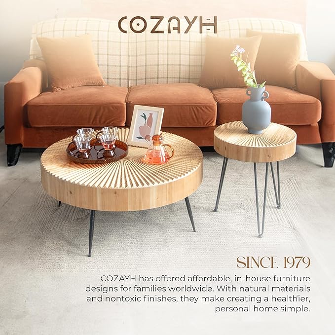 COZAYH 2-Piece Round Nesting Coffee Table Set, Natural Wood Top with Black Metal Legs, Radial Pattern – Rustic Farmhouse Accent for Living Room or Bedroom – Space-Saving Modern Furniture