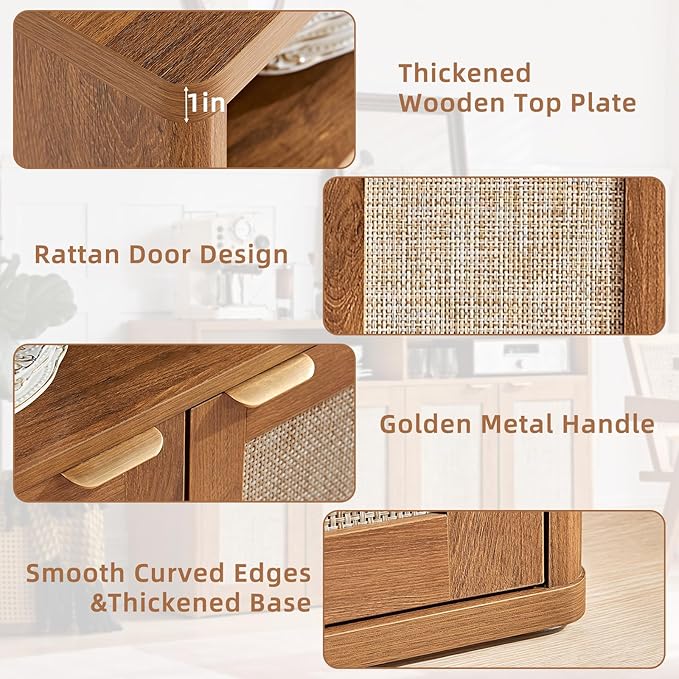 LEYAOYAO Rattan Sideboard Buffet Cabinet,45" Coffee Bar Cabinet with 3 Doors & Open Storage Shelf,Modern Credenza Console Table for Living Room Rattan Farmhouse entryway Brown