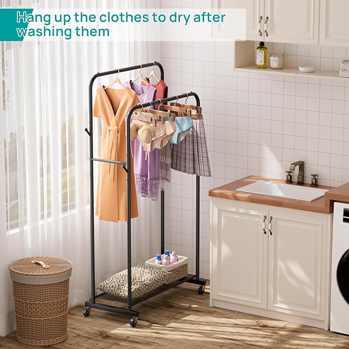 SINGAYE Clothes Rack Garment Clothing Hanger：Coat Rack Metal Double Bar Freestanding for Hanging Clothes Portable With Wheels Rolling Closet for Laundry Bedroom Drying Black