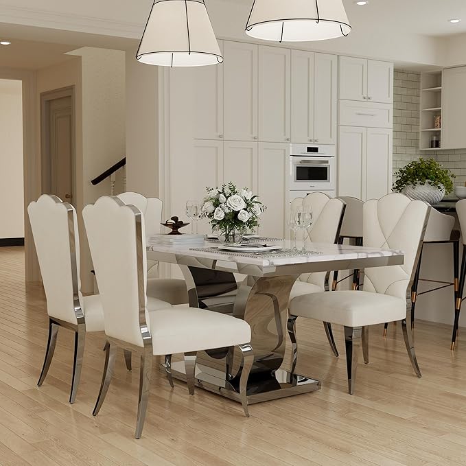 Modern Dining Room Table with Silver Stainless Steel Metal U-Base in White Silver