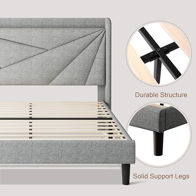 Full Size Upholstered Bed Frame with Charging Station, Platform Bed Frame with Storage Headboard, Solid Wood Slats Support, No Box Spring Needed, Light Gray