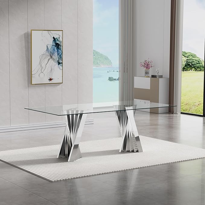 Goujxcy Modern 7 Piece Glass Dining Table Set Luxury Glass Kitchen Table and Chair Set for 6, 70" Large Rectangular Dining Room Table with 6 Tufted Chairs and Stainless Steel Legs (Silver & Grey)