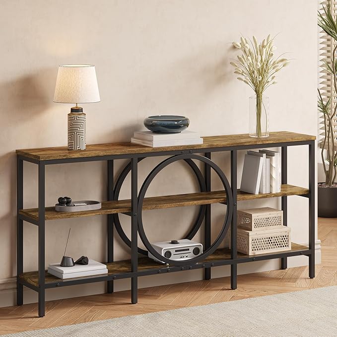 66.9 inch Console Table, 3 Tier Sofa Tables Narrow Long Wood Farmhouse Console Table with Storage Industrial Foyer Tables for Entryway, Hallway, Living Room (Vintage Brown+Black)