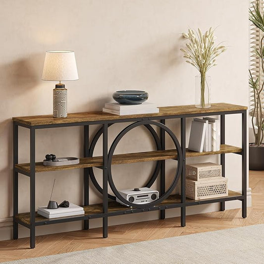 66.9 inch Console Table, 3 Tier Sofa Tables Narrow Long Wood Farmhouse Console Table with Storage Industrial Foyer Tables for Entryway, Hallway, Living Room (Vintage Brown+Black)