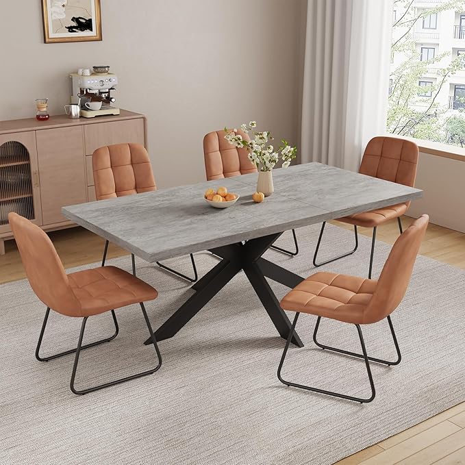 ZckyCine 7-Piece Dining Table Set, 6-Person Modern Rectangular Wooden Expandable Dining Table and 6-Person Leather Dining Chairs, 6-Person Kitchen Table and Chairs, Perfect for Kitchen Dining