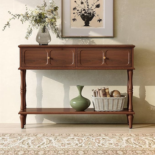 ARTPOWER Mid-Century Console Table for Entryway with 2 Drawers, Brown Retro Entryway Table with Storage Cabinets and Open Shelf, Narrow Long Couch Table Behind Sofa for Living Room, Foyer, Hallway