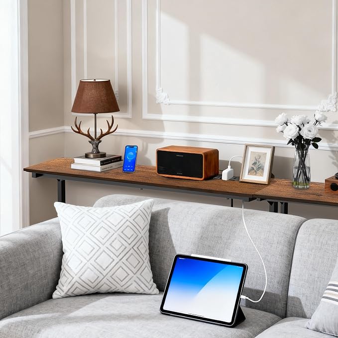 39 inch Narrow Console Table with Outlet,Adjustable Height(25"-37") Behind Sofa Table,Couch Behind Table Skinny,Couch Shelf with Charging Station,Long Entryway Tables for Living Room,Brown