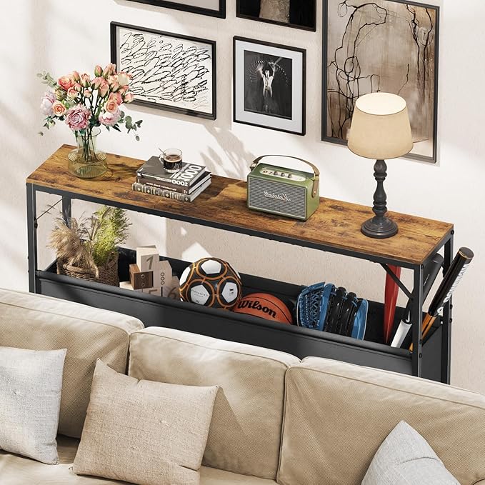 Narrow Console Table with Storage Basket, 47.2'' Behind The Couch Table, Skinny Sofa Table, Entryway Table, Small Console Table, Display Table for Hallway, Foyer, Living Room, Rustic Brown
