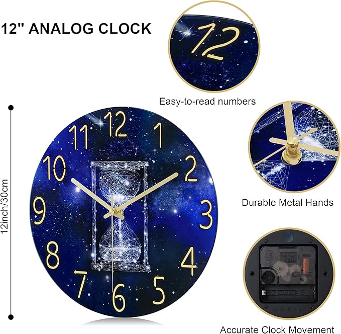 Lafocuse 12 Inch Blue Wall Clock Silent Non Ticking, Galaxy Glass Clocks Battery Operated for Living Room Bedroom Kitchen Decor, Hourglass Pattern