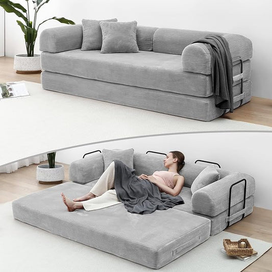 Compression Sofa - 79'' Convertible Sofa Bed, Boneless Couch in a Box, Modular Corduroy Foldable Sleeper Sofa with 2 Pillows, Loveseat Couches for Living Room (Corduroy Fabric, Light Grey)