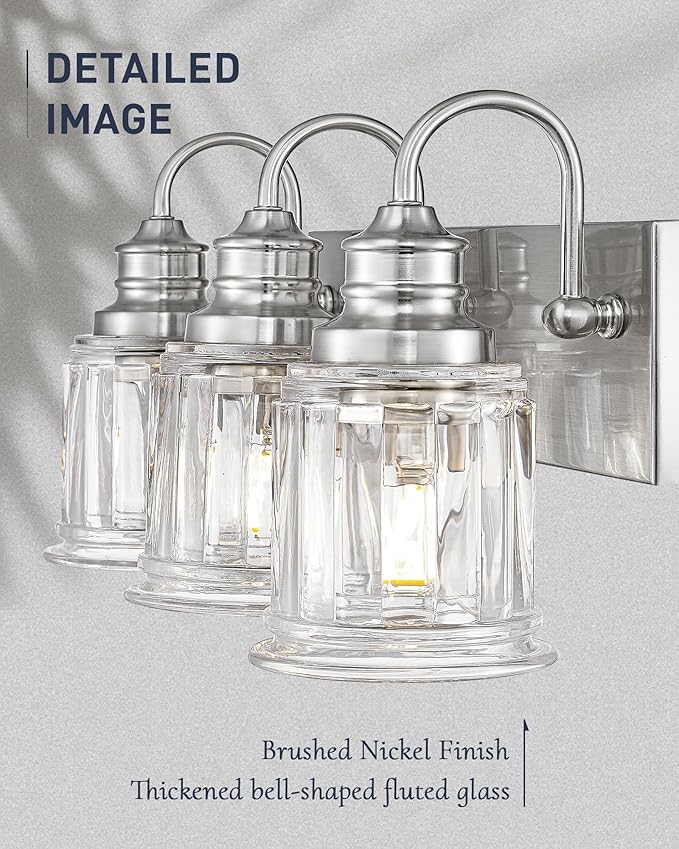 Bathroom Light Fixture, HWH 3-Light Vanity Light Brushed Nickel Modern Bathroom Lights Over Mirror, Bell-Shaped Fluted Glass, 5HZG106B-3W BN