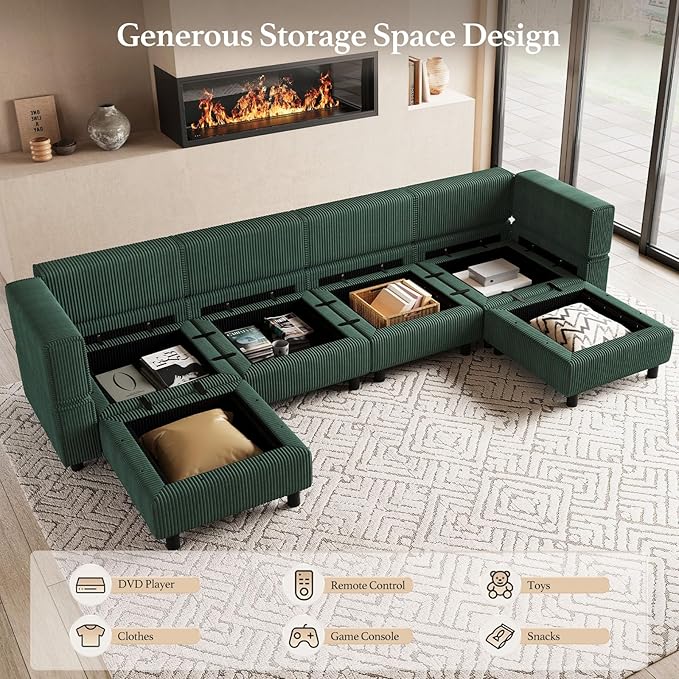114.2" Modular Sectional Sofa with Deep Storage Seat,U Shaped Sectional Sofa Couch Convertible 6 Seater Corduroy Couch with Movable Ottoman,Upholstered Sectional Couches for Living Room,Green