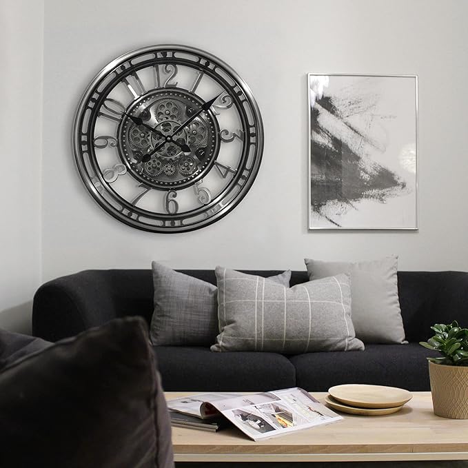 INFINITY TIME 21 Inch Moving Gear Wall Clock Modern, Large Vintage Industrial Steampunk Wall Clocks for Living Room Decor,Gunmetal Arabic Numeral