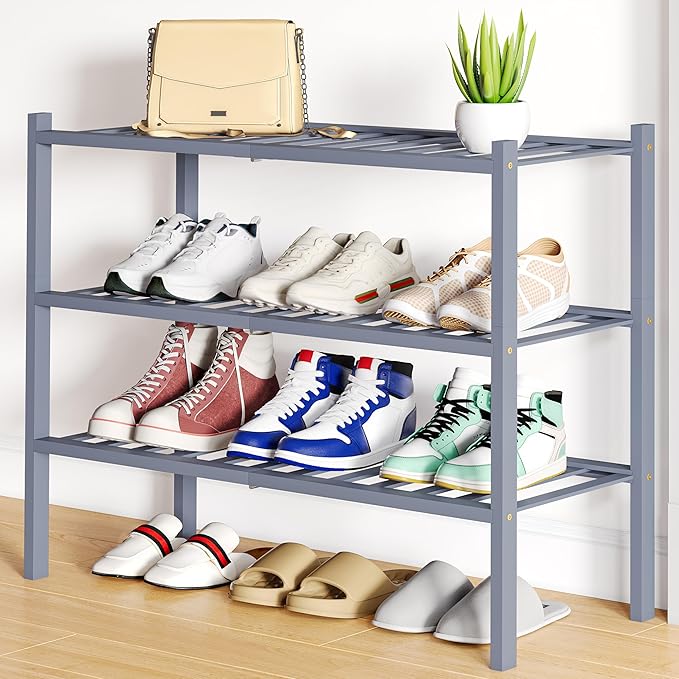 Smiry Shoe Rack, 3 Tier Bamboo Shoe Organizer, Stackable Free Standing Wooden Shoe Storage Shelf for Closet, Entryway, Front Door Entrance, Grey