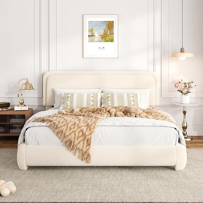King Size Bed Frame with Headboard Adjustable, Boucle Upholstered Platform King Bed Frame, Anti-Collision Soft Rounded Corners, No Box Spring Needed, Noise-Free, Easy Assembly, Beige