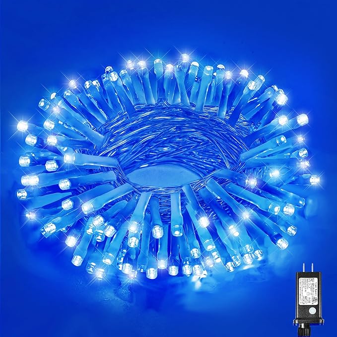 33ft 100 LED Christmas Lights Outdoor - 8 Modes Christmas String Lights Clear Wire with Time Memory, Waterproof Plug in Fairy String Lights for Indoor Outdoor Home Party Garden Decoration, Blue