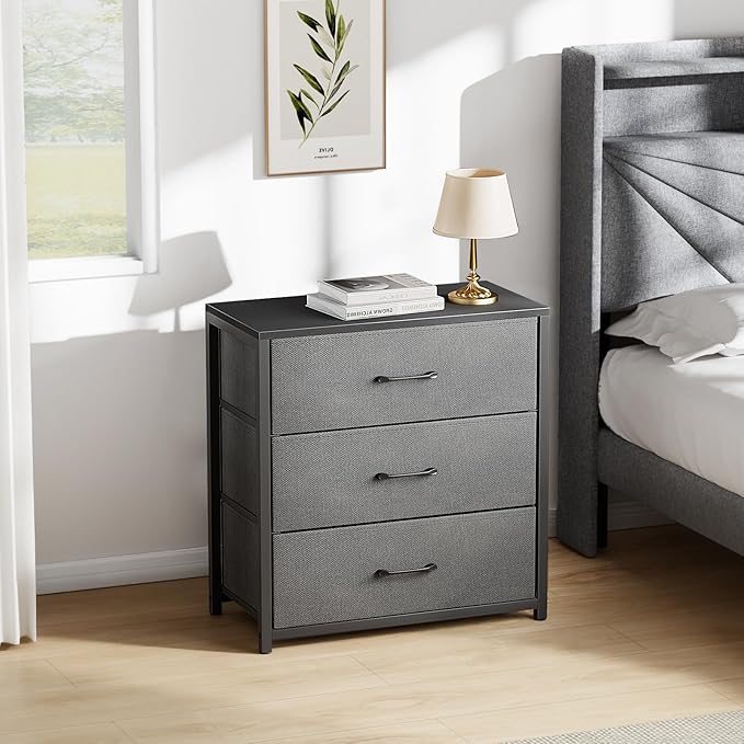 Nightstand with 3 Drawers for Bedroom, Storage Dresser with Fabric Drawers and Metal Frame for Closet, Living Room, Bedside Table with Wood Top, Easy Pull Handle, Gray