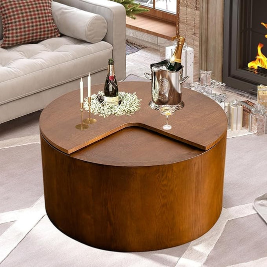 Mid - Century Modern Round Drum Coffee Table with 360° Rotating Desktop & Storage, 27.16" Walnut Small Center Table for Living Room & Home Small Spaces (Walnut 27.16)