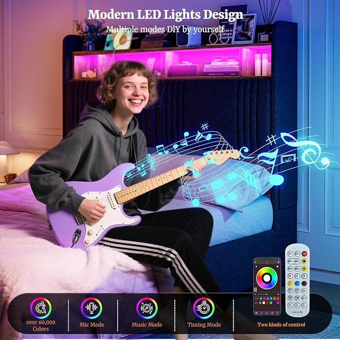 IKIFLY Queen Bed Frame with Hidden Storage Headboard & 4 Drawers, 49.2” Tall Upholstered Wingback Headboard with LED Lights and Charging Station, No Box Spring Needed, Solid Wood Slats, Black