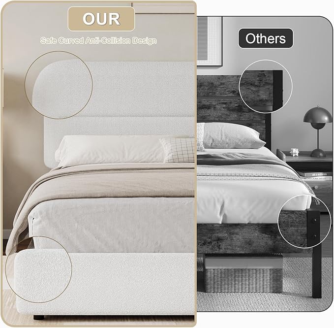 HOMBCK Twin Bed Frames with Headboard, Boucle Upholstered Platform Bed Twin Size for Kids, Rounded Corners & Thickened Footboard, No Box Spring Needed/Easy Assembly, White