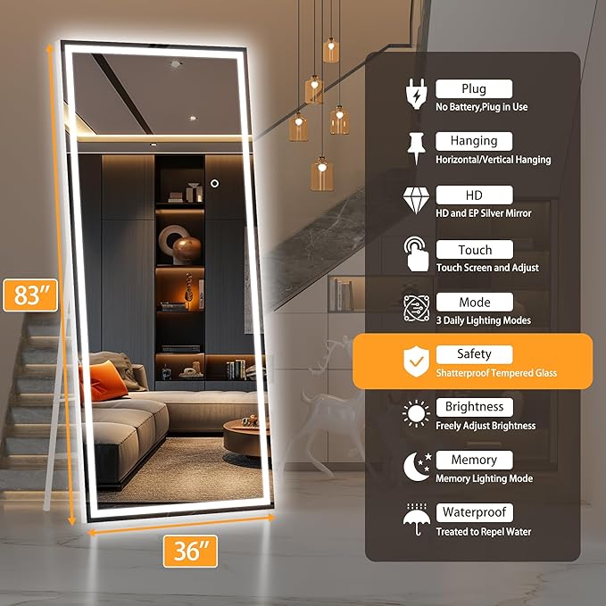 Hasipu Full Length Mirror with Lights, 83" x 36" LED Lighted Floor Standing Mirror, Full Body Dressing Hanging Mounted Mirrors, Dimmable, Tempered Glass, Safe to Use, Square White