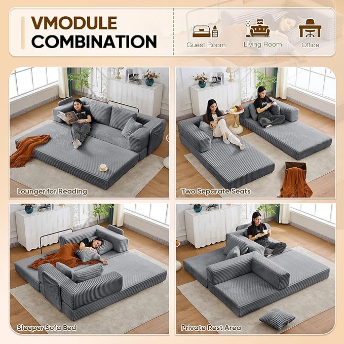 Antetek Convertible Sofa Bed, Comfy Corduroy Fluffy Love seat Sleeper Sofa, 5 in 1 Folding Couch Bed, Fold Out Floor Couch with Pillows for Bedroom, Living Room, Office, Wide Stripes, Grey
