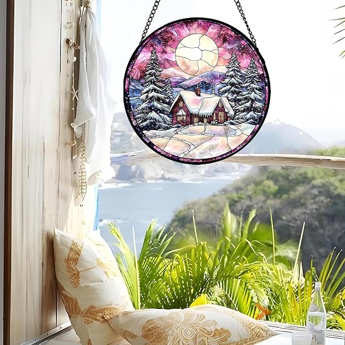 Stained Glass Window Hanging - Winter Snow Scene Cabin Moon Sun Catcher for Door Garden Home Decor Pine Tree Suncatcher Christmas Mother's Day Birthday Gifts for Women Men Mom Nana 15 in