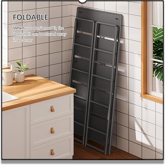 4NM No Assembly 5 Tiers Folding Bookshelf Storage Shelves Vintage Bookcase Standing Racks Study Organizer Home Office (All Black)