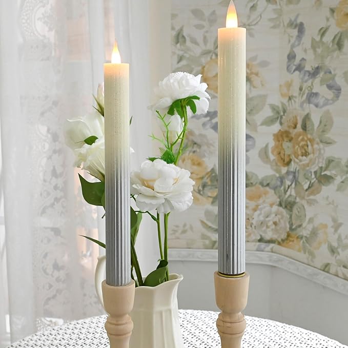 Flameless Taper Candles Flickering with Remote and Timer, 3D Moving Flame Taper Candle Battery Operated to 400 Hours, 9 Inch Window Candles, (Gradient Silver-Vertical Stripes)