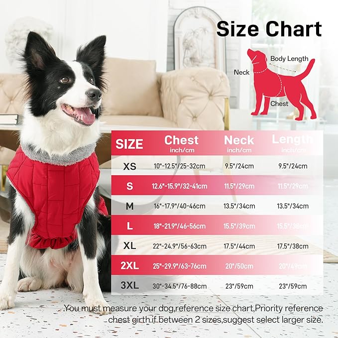 Warm Fleece Dog Coats with Durable Harness Buitl in D-Ring,Waterproof Doggie Jacket for Large Dogs,Dog Vest for Cold Winter,Red XXL