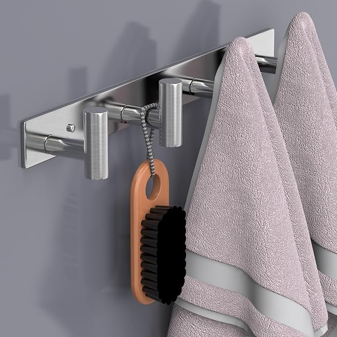 HUFEEOH T-Shaped Stainless Steel Coat Rack Wall Mount - 4 Heavy Duty Hooks for Bathroom, Mudroom Entryway, Durable Purse Hanger & Towel Rack