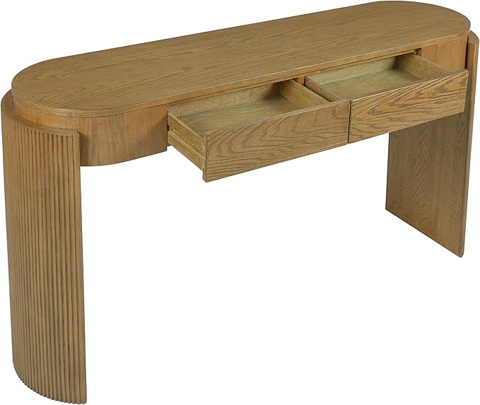 Merax 55" Entryway Table with Oval Top and 2 Drawers, Natural Wood Grain Finish Console Table with Fluted Design for Entryway and Living Room (Pine Wood)
