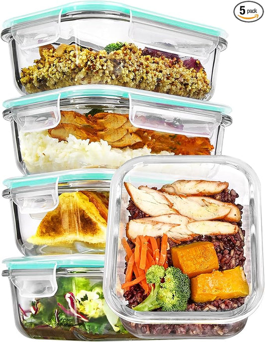 Vtopmart 5Pack 22oz Glass Storage Containers with Lids, Glass Meal Prep Food Container Sets with Snap Airtight Lids for Microwave, Oven, Freezer and Dishwasher, Green