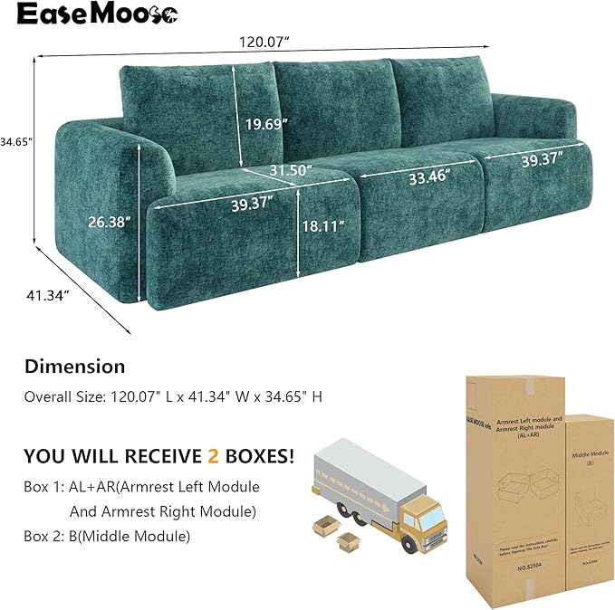 EASE MOOSE Boneless Couch for Living Room, Sectional Cloud Sofa, Modular Cloud Couch, 3-Seater Deep Seat Sofas with Pillow for Bedroom, Apartment, No Assembly Required, Chenille (Blue)