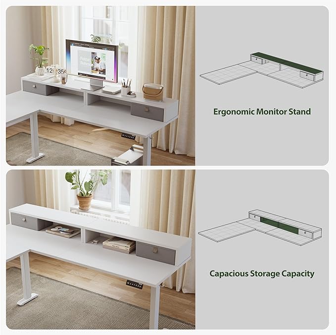 Agilestic L Shaped Electric Standing Desk with 2 Drawers, 63 Inch Ergonomic Adjustable Height Desk with Storage, Corner Desk Sit Stand up Computer Table for Work Office Home, White