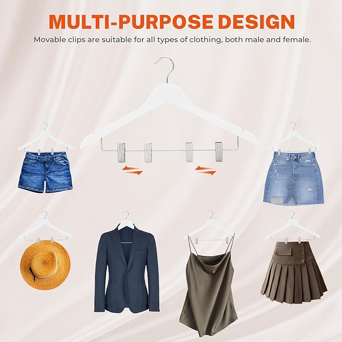 HOUSE DAY Wooden Hangers with Clips 24 Pack, Heavy Duty White Wood Pants Hanger, Premium Skirt Hanger with Adjustable Clips, Solid Clip Hangers for Suit, Blouse, Dress, Coat, Jacket, Bottom