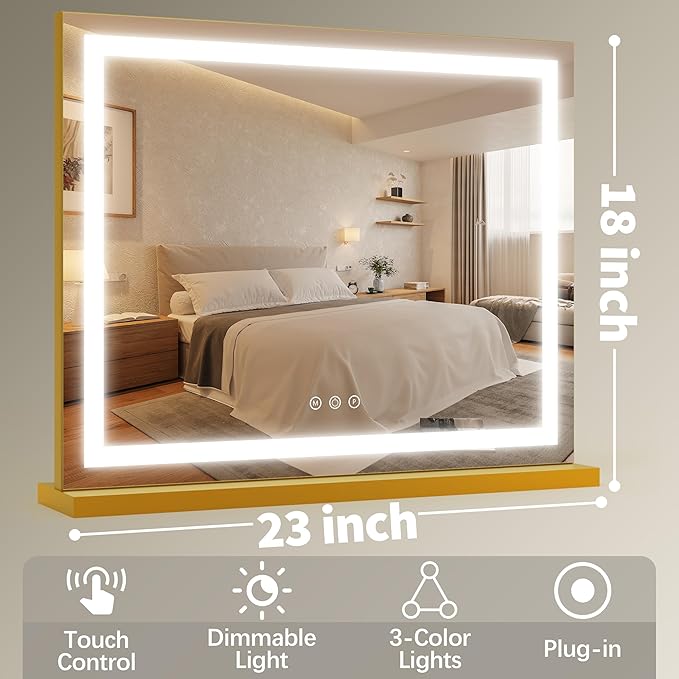 FENNIO 23" x 18" Vanity Mirror with Lights，LED Makeup Mirror，Hollywood Mirror with 3 Color Modes & Adjustable Brightness，Vanity Mirror Square Gold