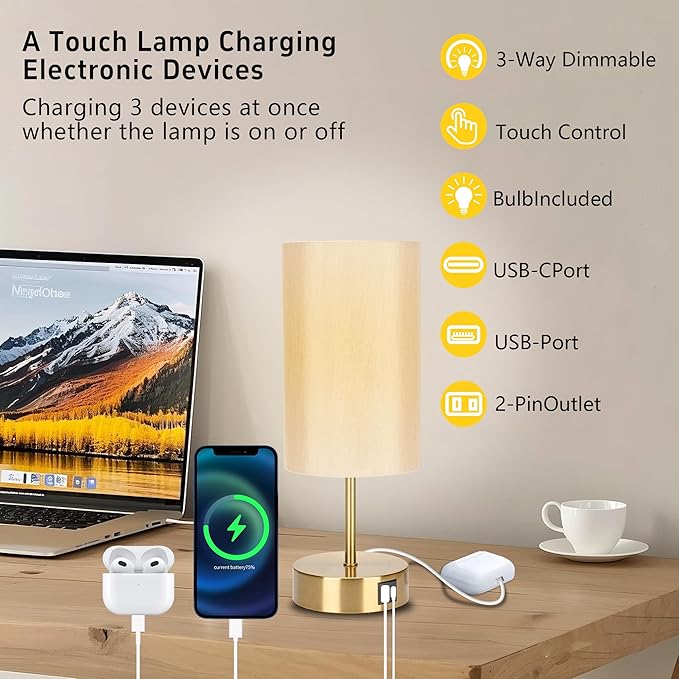 Bedside Table Lamp for Bedroom - 3 Way Dimmable Touch Lamp USB C Charging Ports and AC Outlet, Gold Base Round Flaxen Fabric Shade for Living Room, Desk, LED Bulb Included(Gold Touch Control)