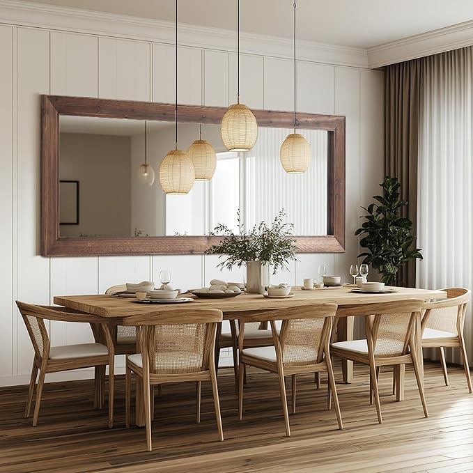 Rustic Farmhouse Full Length Mirror with Stand 71"X32" Large Wood Frame Floor Mirror, Leaning or Wall Mounted Free Standing Mirror for Entryway Bedroom Living Room, Tempered Glass, Brown