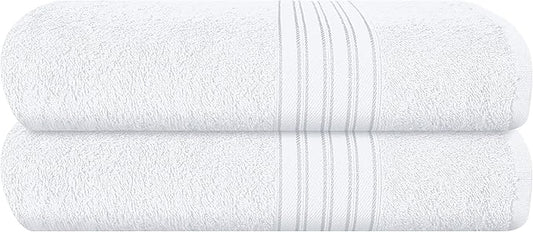 BOUTIQUO 100% Cotton 2 Pack Bath Towel Set 28x55 inches, Eco-Friendly Large Bath Towels, Compact Quickdry Lightweight Soft & Highly Absorbent Bath Towel,Ideal for Everyday Gym Travel Camp Pool - White