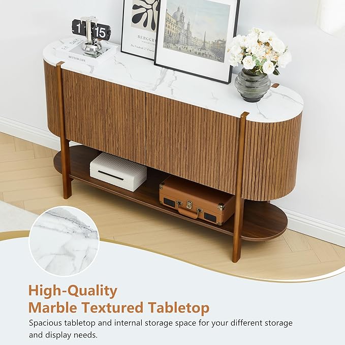 Console Table with Storage, Fluted Entryway Table with 2 Doors and Open Shelf, Long Sofa Table Behind Couch for Living Room, Hallway (Walnut)